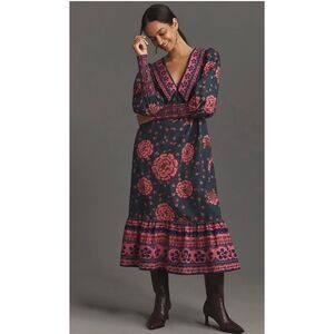 #131 FARM Rio Pink Bishop Sleeve Midi Dress V-Neck